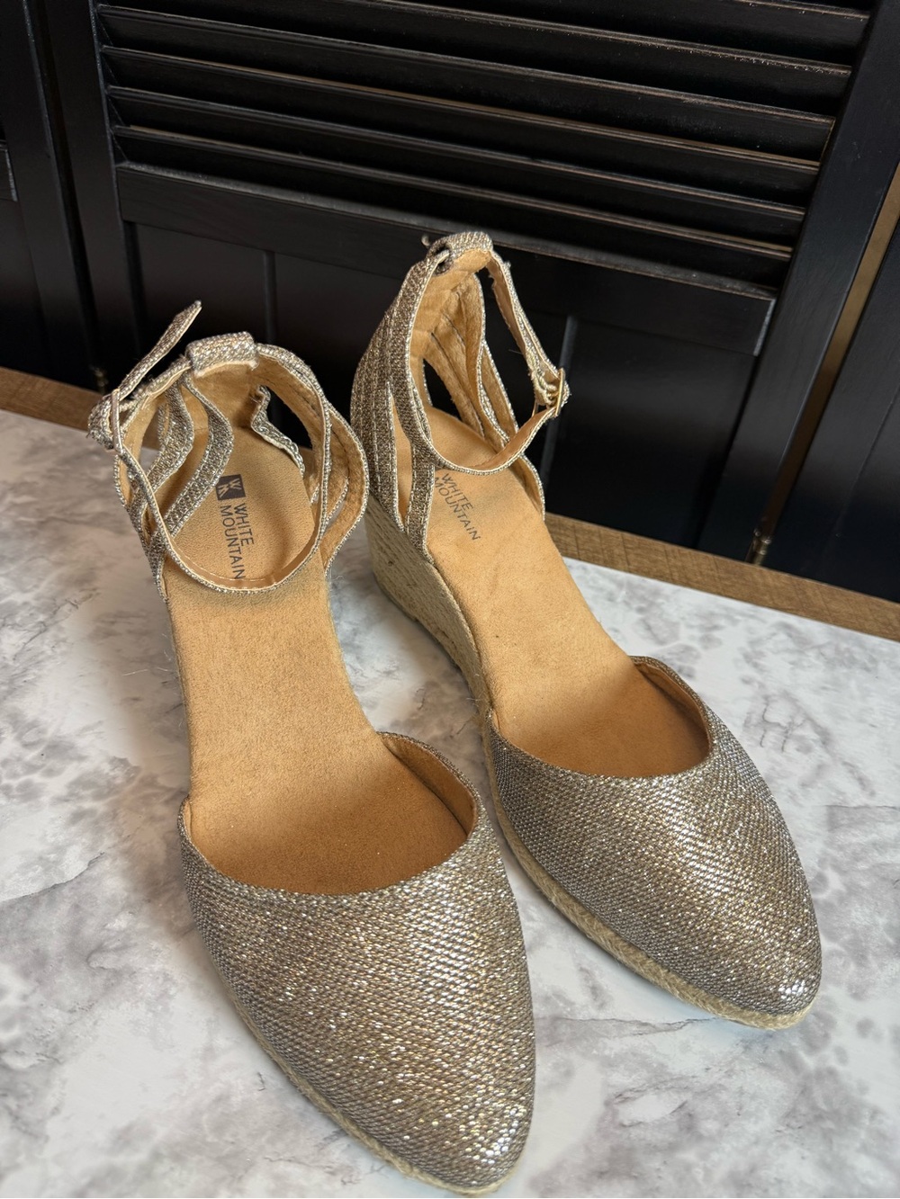 White Mountain Shimmery Gold Espadrille Wedge Ankle-Strap Heels